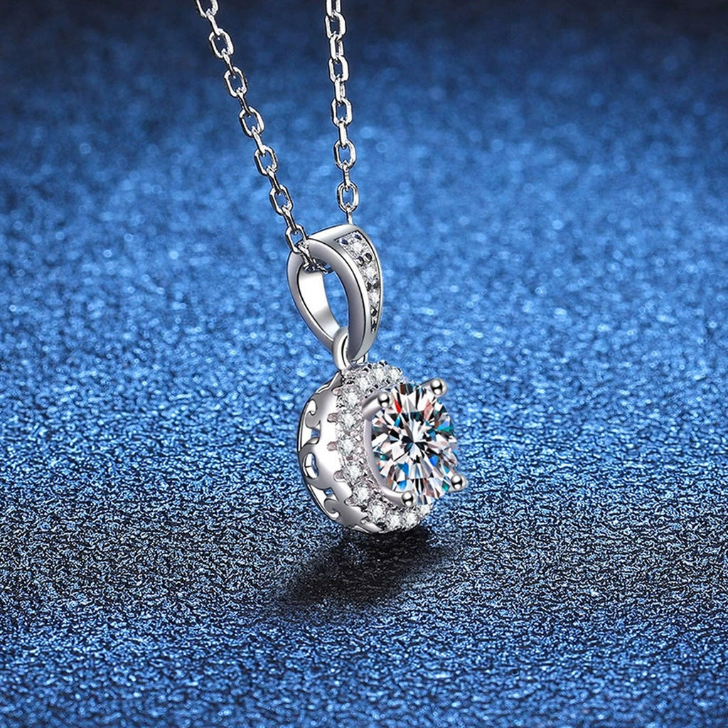 Round Halo Moissanite Pendant Necklace in Platinum-Plated S925 Sterling Silver blue background product view