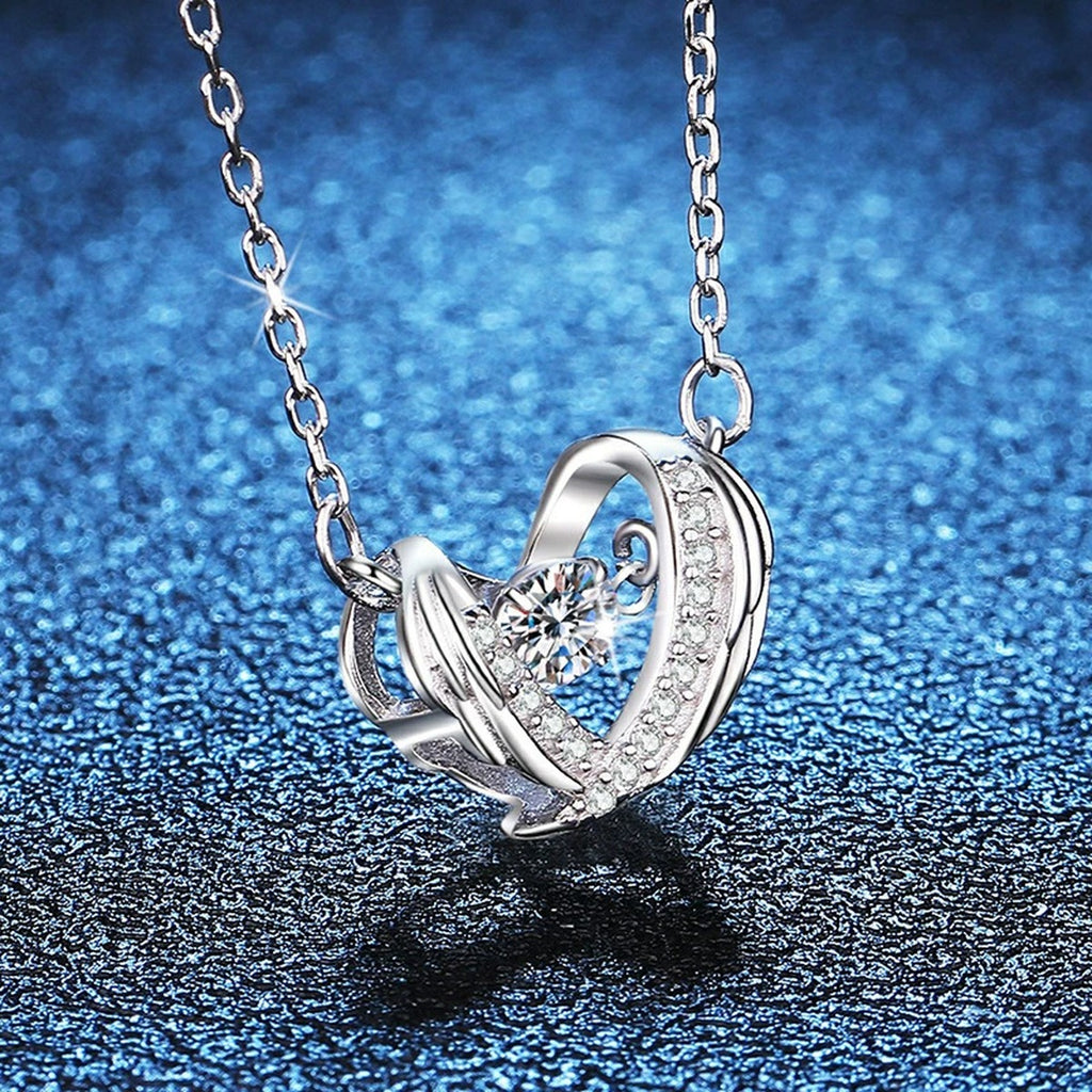 Ribbon Heart Moissanite Pendant Necklace in Platinum-Plated S925 Sterling Silver blue background product view