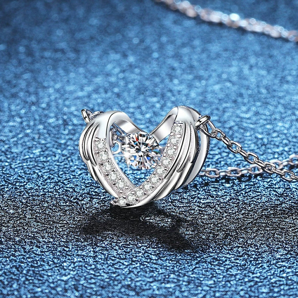 Ribbon Heart Moissanite Pendant Necklace in Platinum-Plated S925 Sterling Silver blue background close-up view