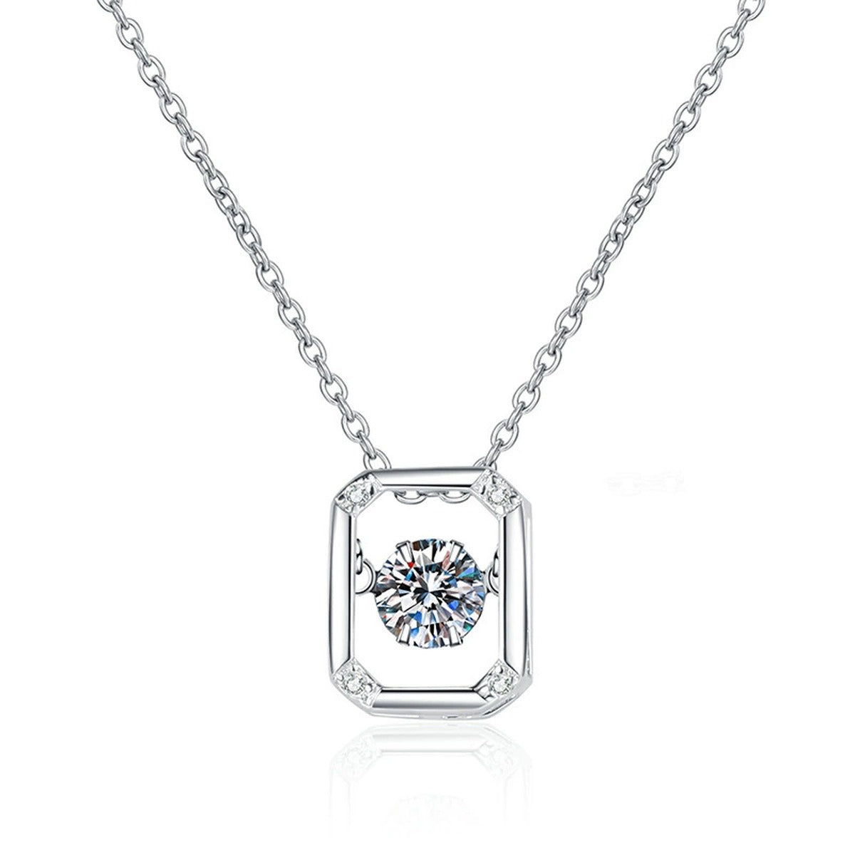 Emerald-Cut Halo Moissanite Pendant Necklace in Platinum-Plated S925 Sterling Silver on clean white background