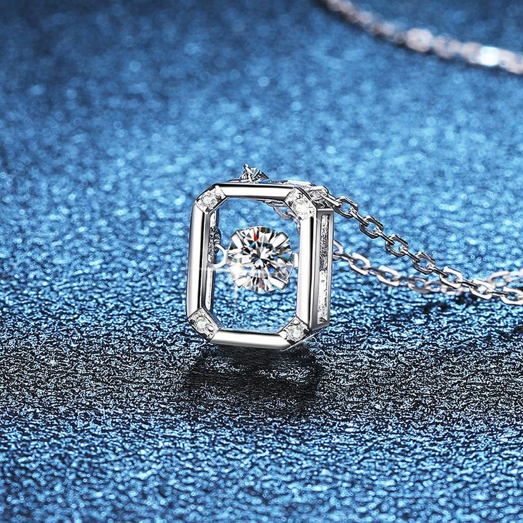 Emerald-Cut Halo Moissanite Pendant Necklace in Platinum-Plated S925 Sterling Silver blue background product view