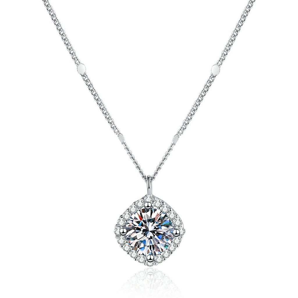 Cushion Halo Moissanite Pendant Necklace in Platinum-Plated S925 Sterling Silver on clean white background