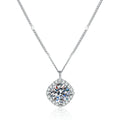 Cushion Halo Moissanite Pendant Necklace in Platinum-Plated S925 Sterling Silver on clean white background