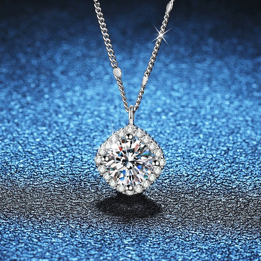 Cushion Halo Moissanite Pendant Necklace in Platinum-Plated S925 Sterling Silver blue background product view