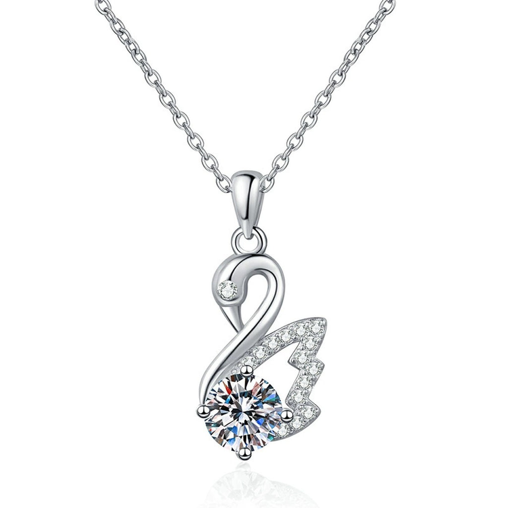 Swan Moissanite Pendant Necklace in Platinum-Plated S925 Sterling Silver on clean white background