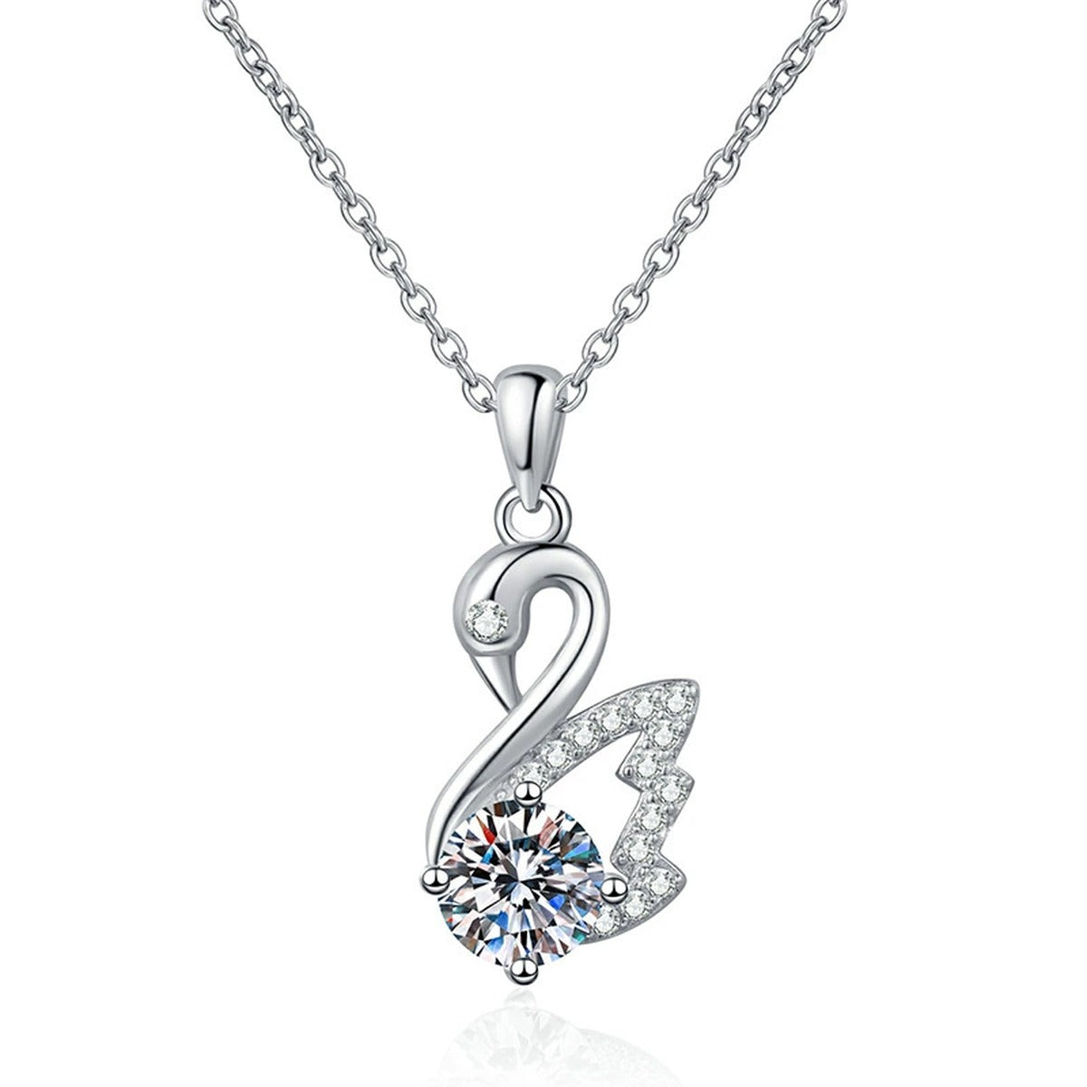 Swan Moissanite Pendant Necklace in Platinum-Plated S925 Sterling Silver on clean white background