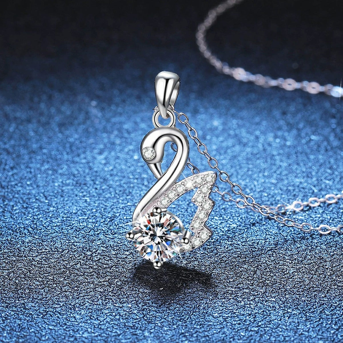 Swan Moissanite Pendant Necklace in Platinum-Plated S925 Sterling Silver blue background product view