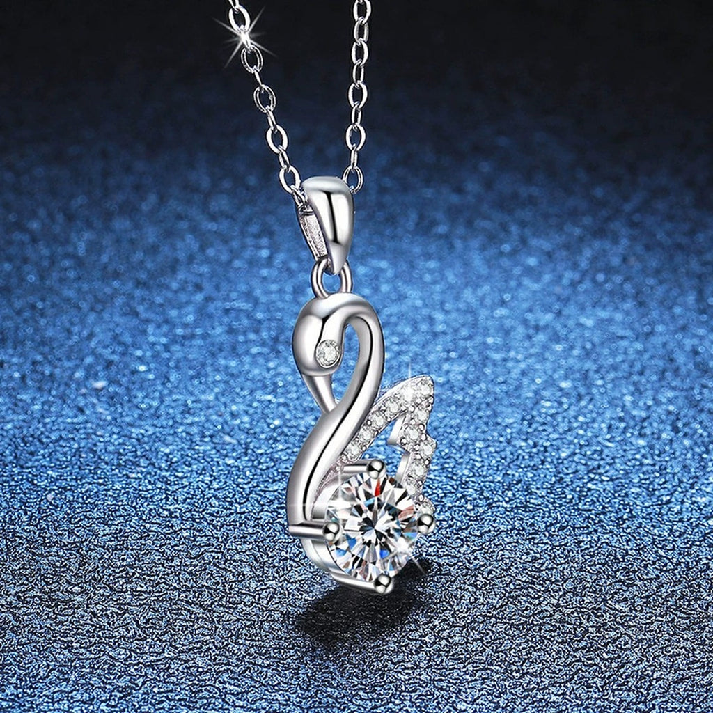 Swan Moissanite Pendant Necklace in Platinum-Plated S925 Sterling Silver blue background angled view