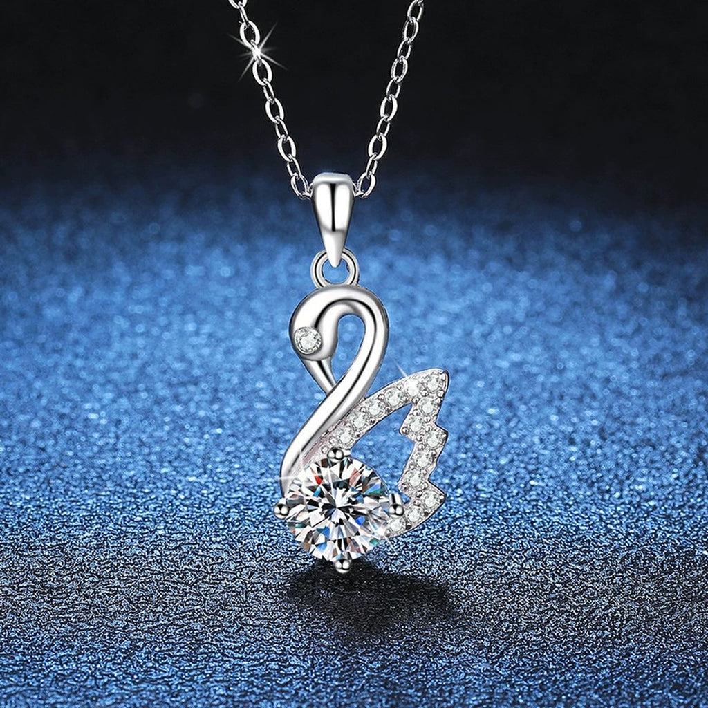 Swan Moissanite Pendant Necklace in Platinum-Plated S925 Sterling Silver blue background close-up view