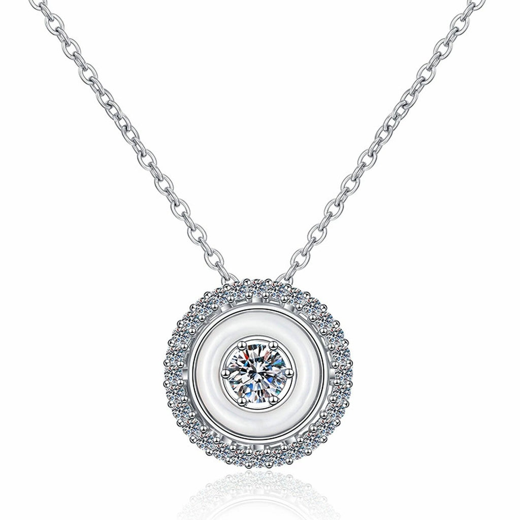 Round Bezel Halo Moissanite Pendant Necklace in Platinum-Plated S925 Sterling Silver on clean white background