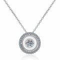 Round Bezel Halo Moissanite Pendant Necklace in Platinum-Plated S925 Sterling Silver on clean white background