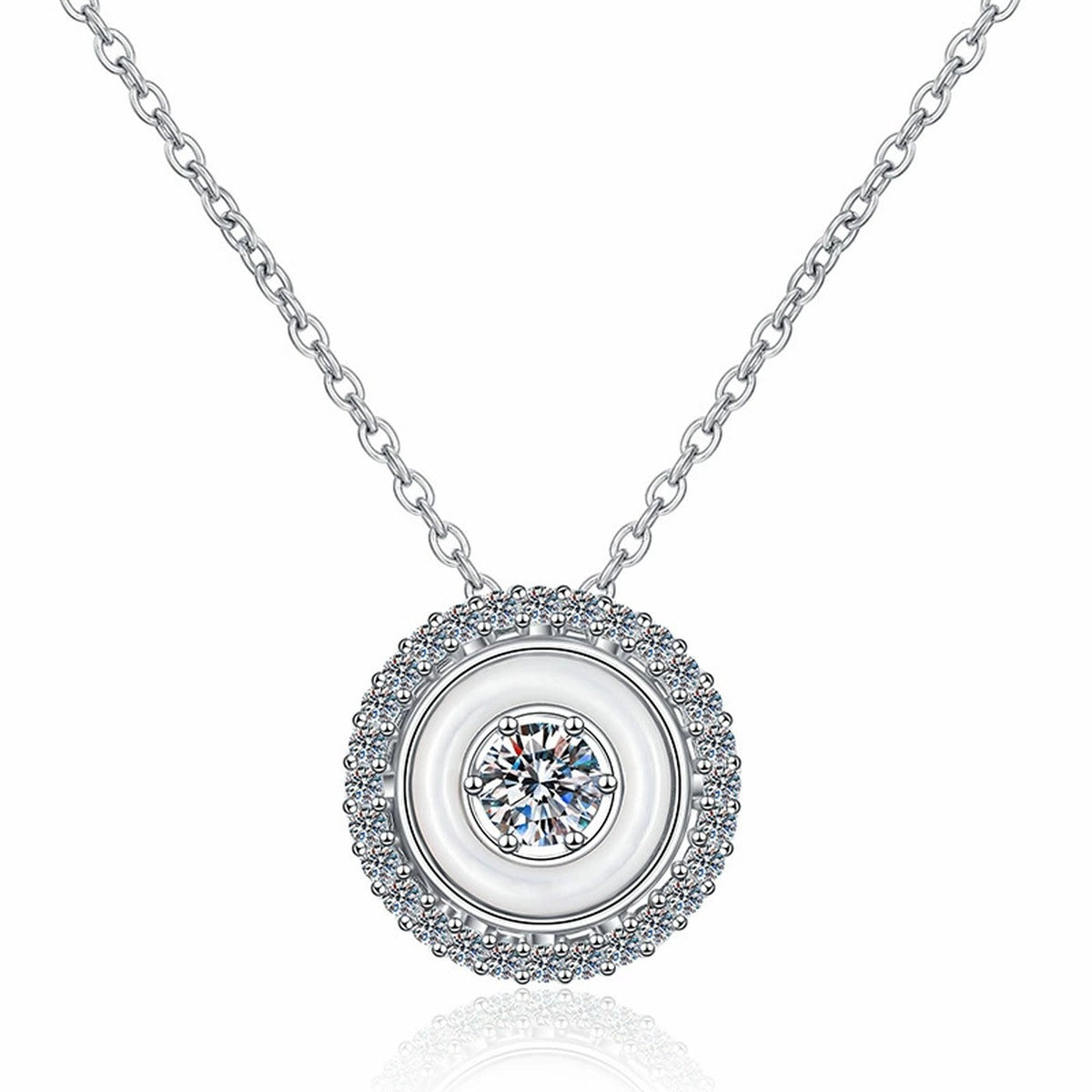 Round Bezel Halo Moissanite Pendant Necklace in Platinum-Plated S925 Sterling Silver on clean white background