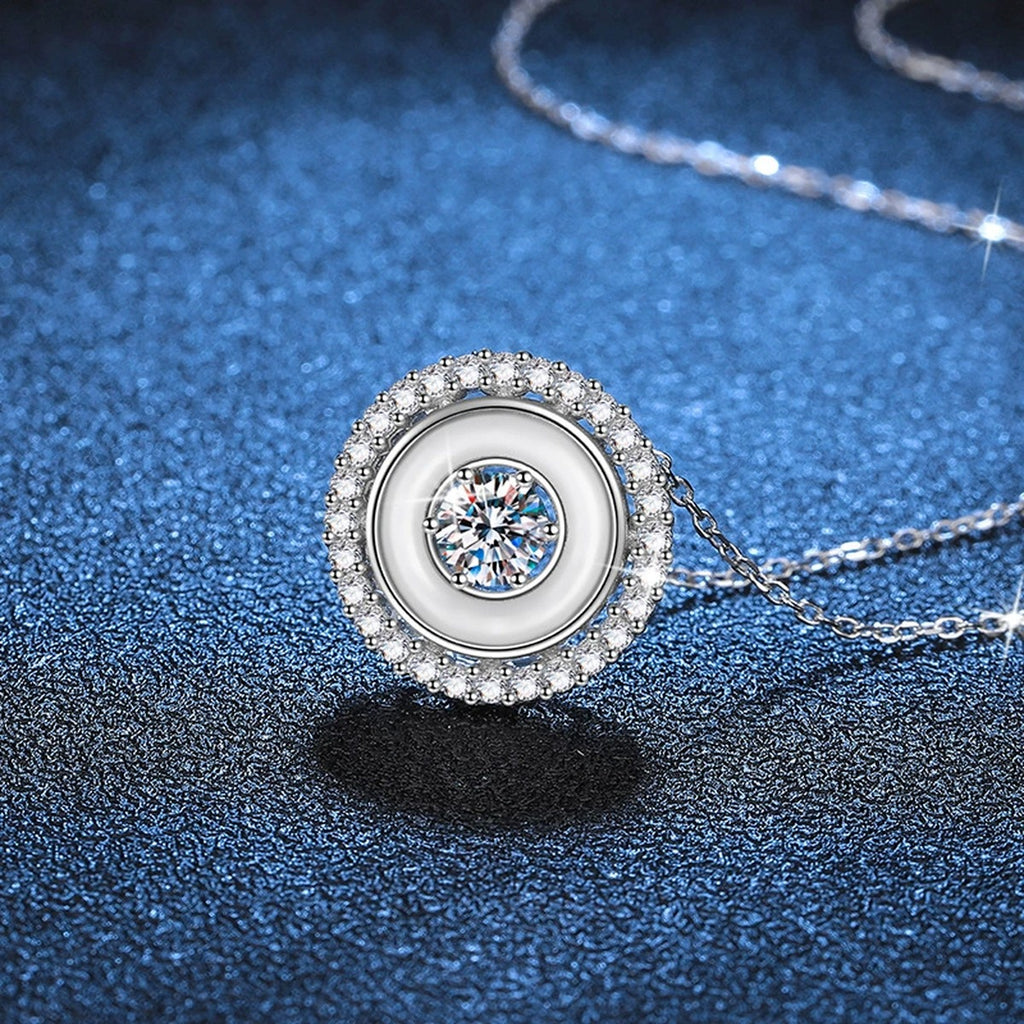 Round Bezel Halo Moissanite Pendant Necklace in Platinum-Plated S925 Sterling Silver blue background product view