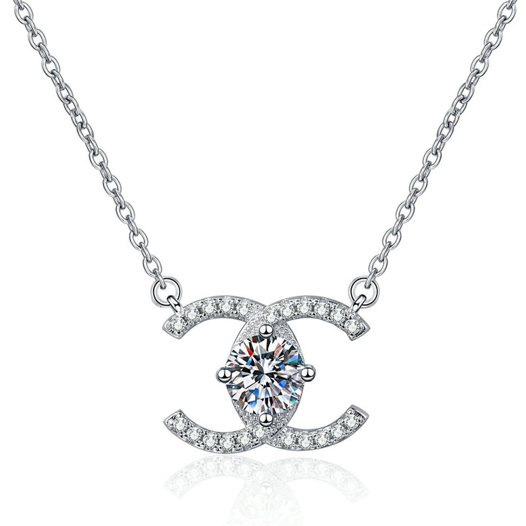 Interlocking C Moissanite Pendant Necklace in Platinum-Plated S925 Sterling Silver on clean white background