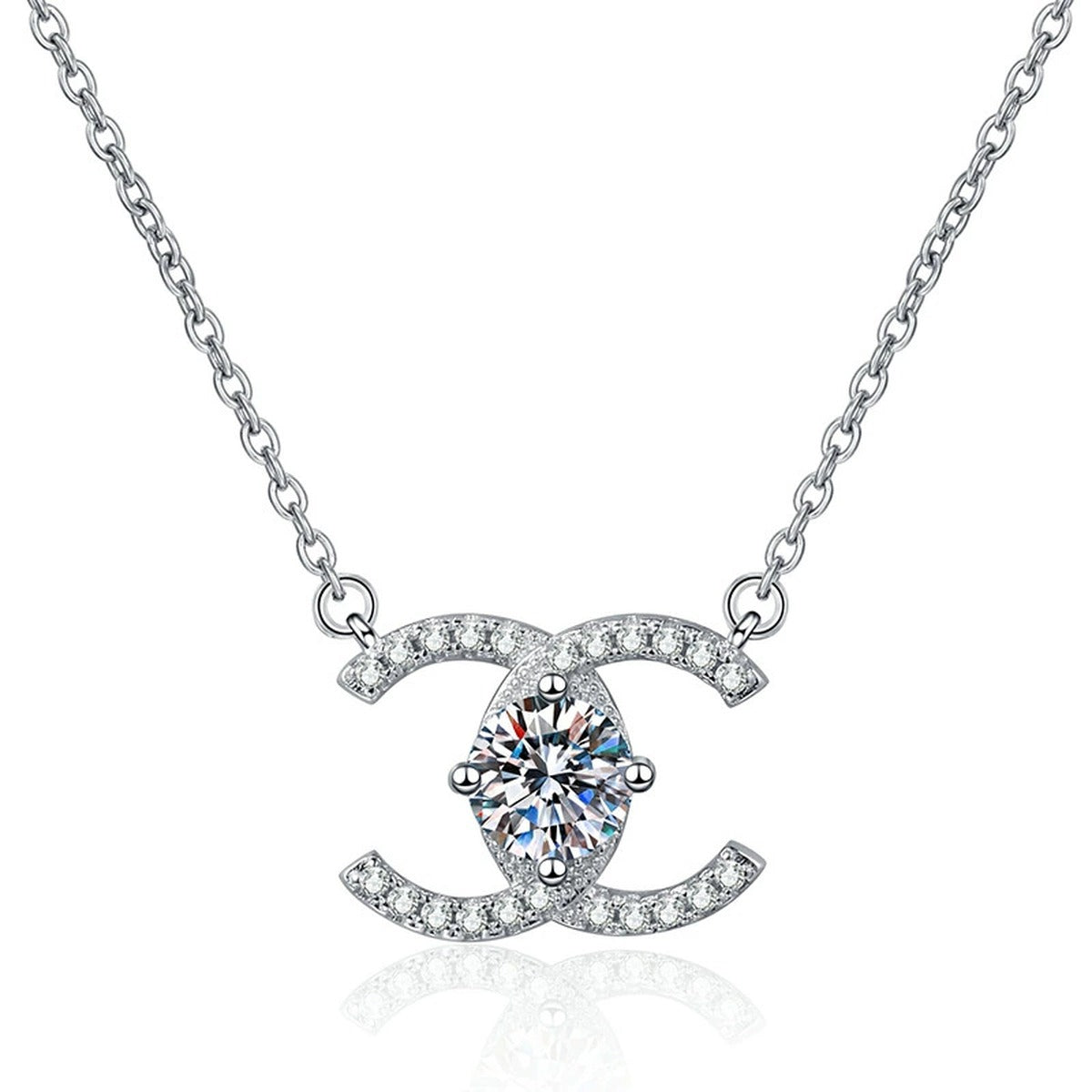 Interlocking C Moissanite Pendant Necklace in Platinum-Plated S925 Sterling Silver on clean white background