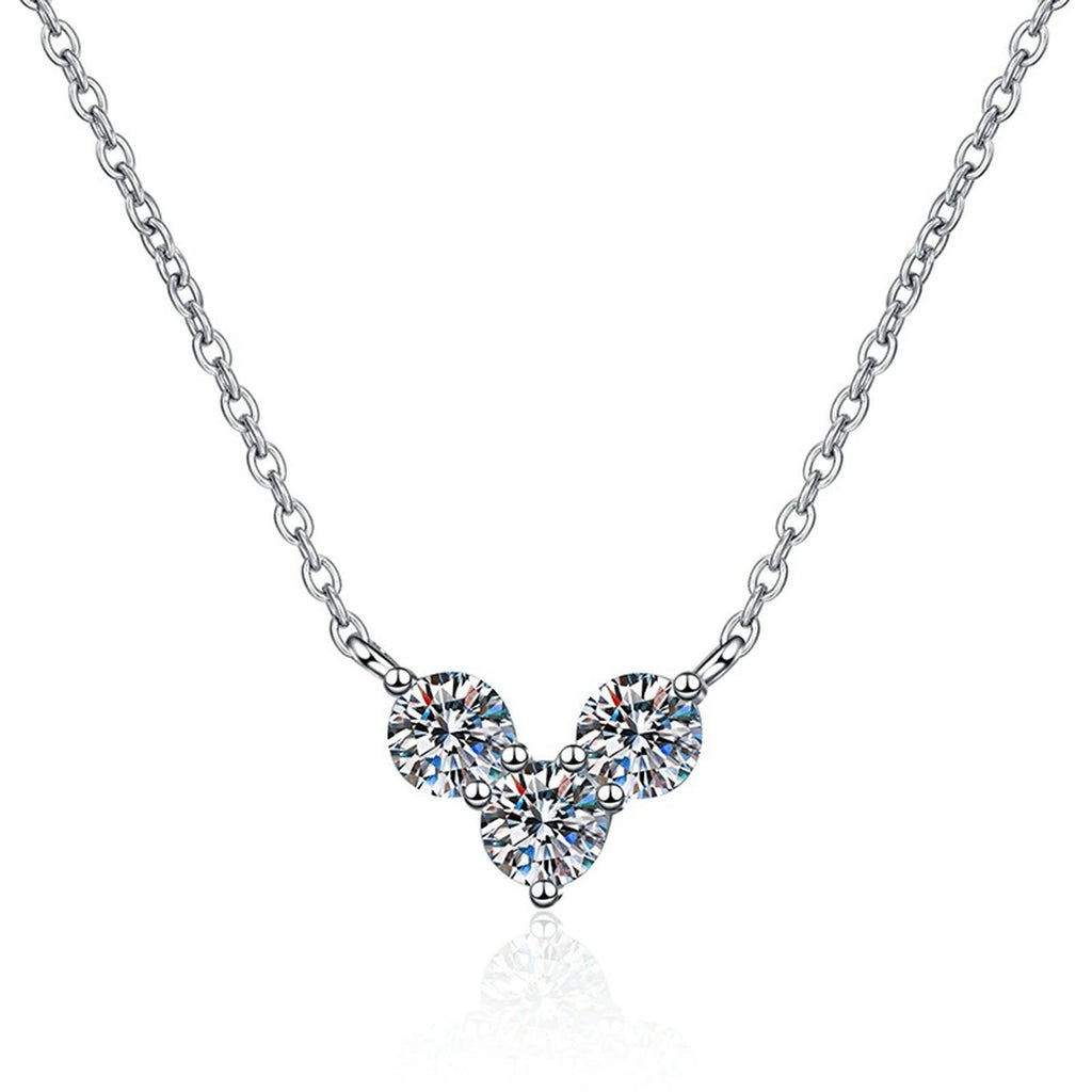 Three-Stone Moissanite Station Necklace in Platinum-Plated S925 Sterling Silver on clean white background