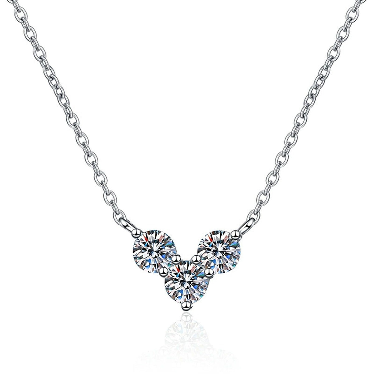 Three-Stone Moissanite Station Necklace in Platinum-Plated S925 Sterling Silver on clean white background