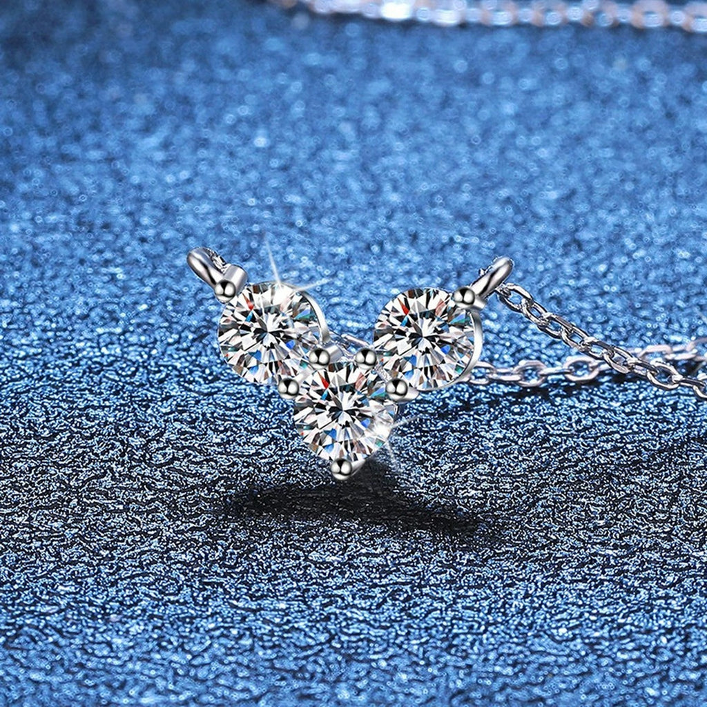 Three-Stone Moissanite Station Necklace in Platinum-Plated S925 Sterling Silver blue background product view
