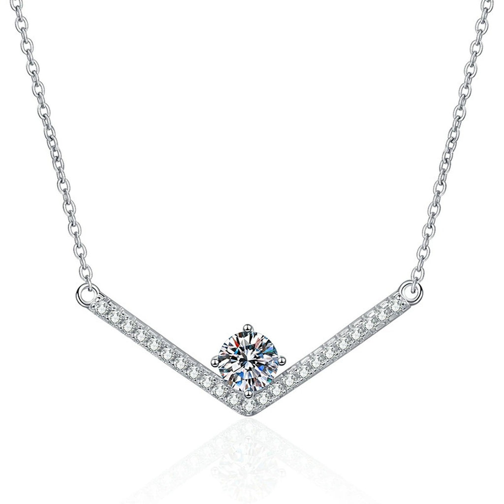 V-Bar Moissanite Necklace in Platinum-Plated S925 Sterling Silver on clean white background