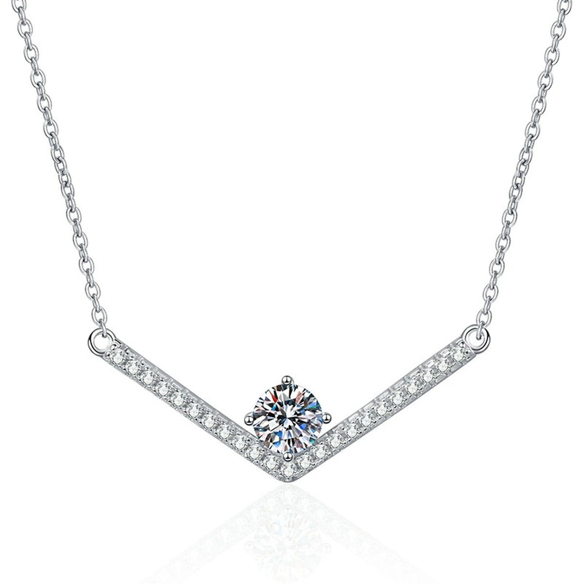 V-Bar Moissanite Necklace in Platinum-Plated S925 Sterling Silver on clean white background