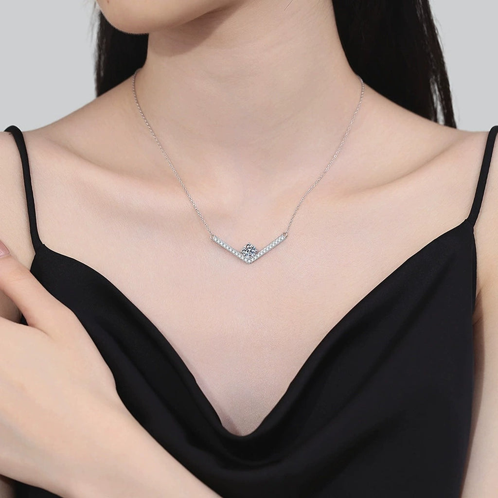 V-Bar Moissanite Necklace in Platinum-Plated S925 Sterling Silver worn on neckline by model