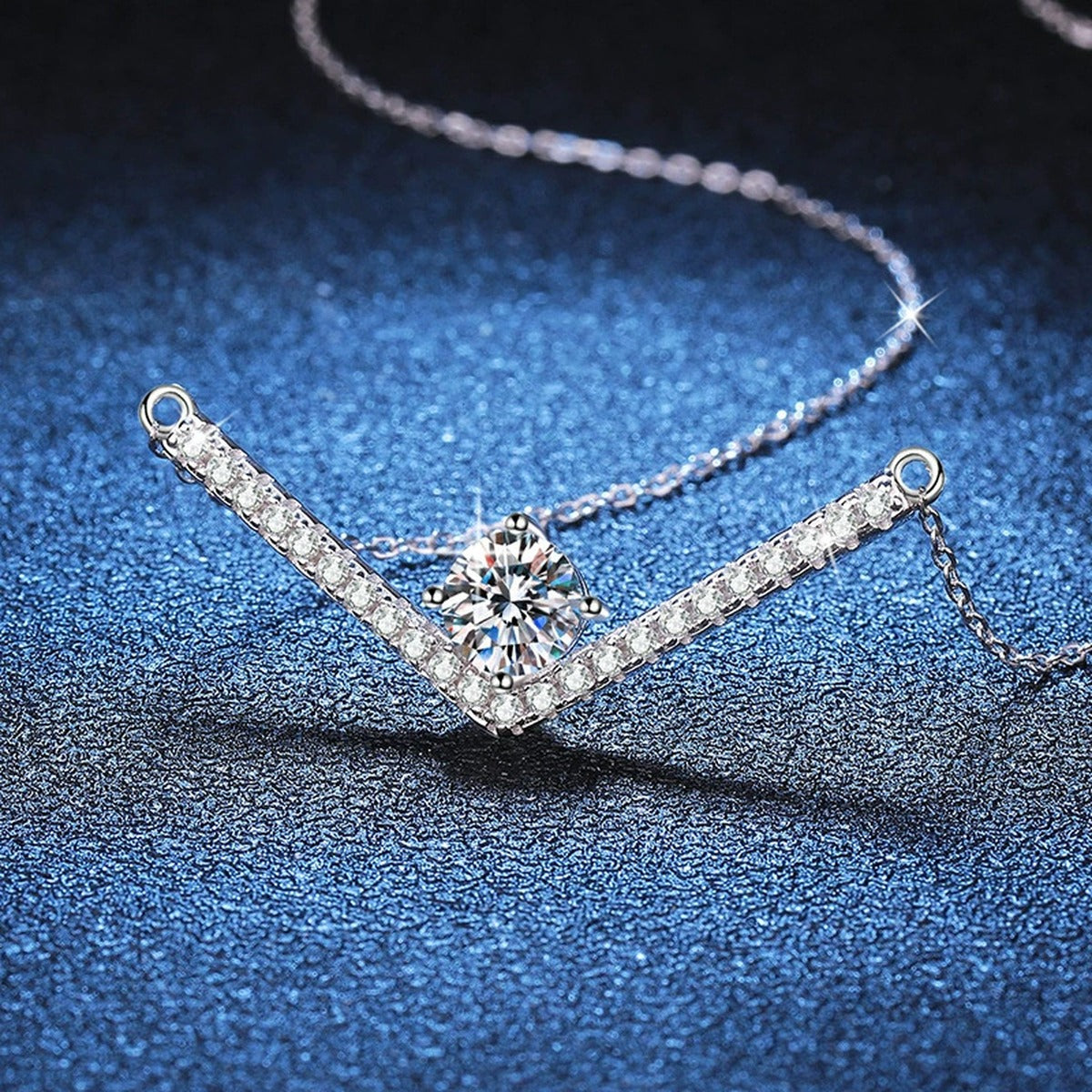 V-Bar Moissanite Necklace in Platinum-Plated S925 Sterling Silver blue background product view