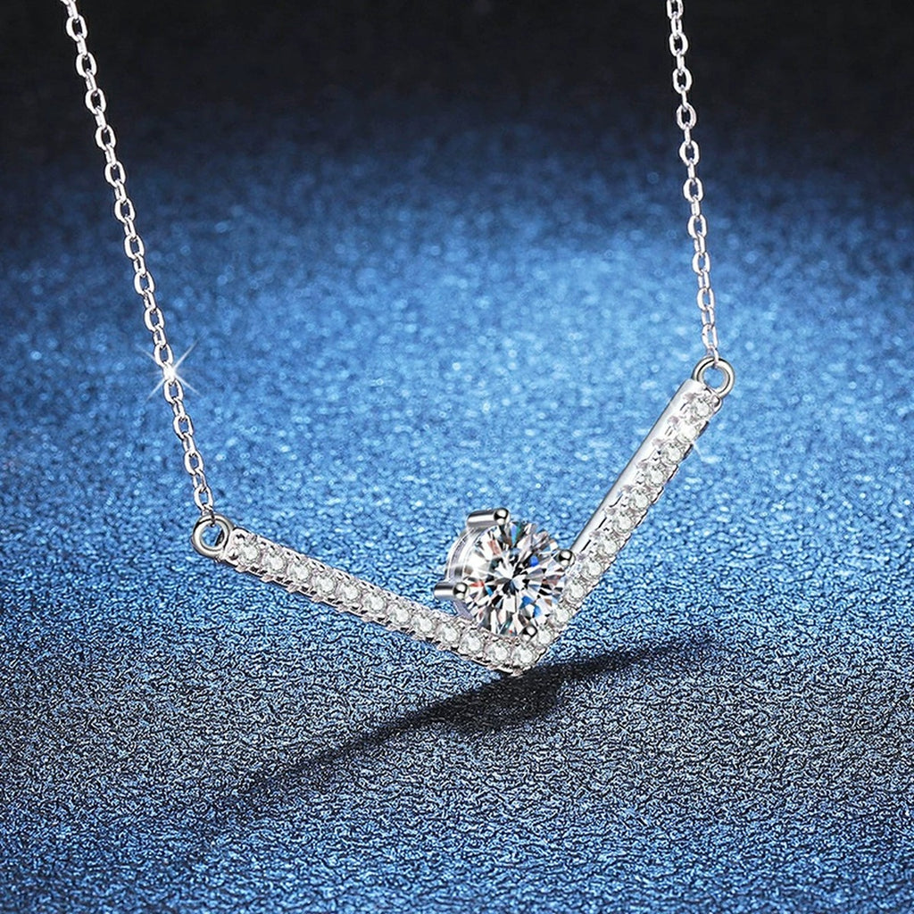 V-Bar Moissanite Necklace in Platinum-Plated S925 Sterling Silver blue background angled view