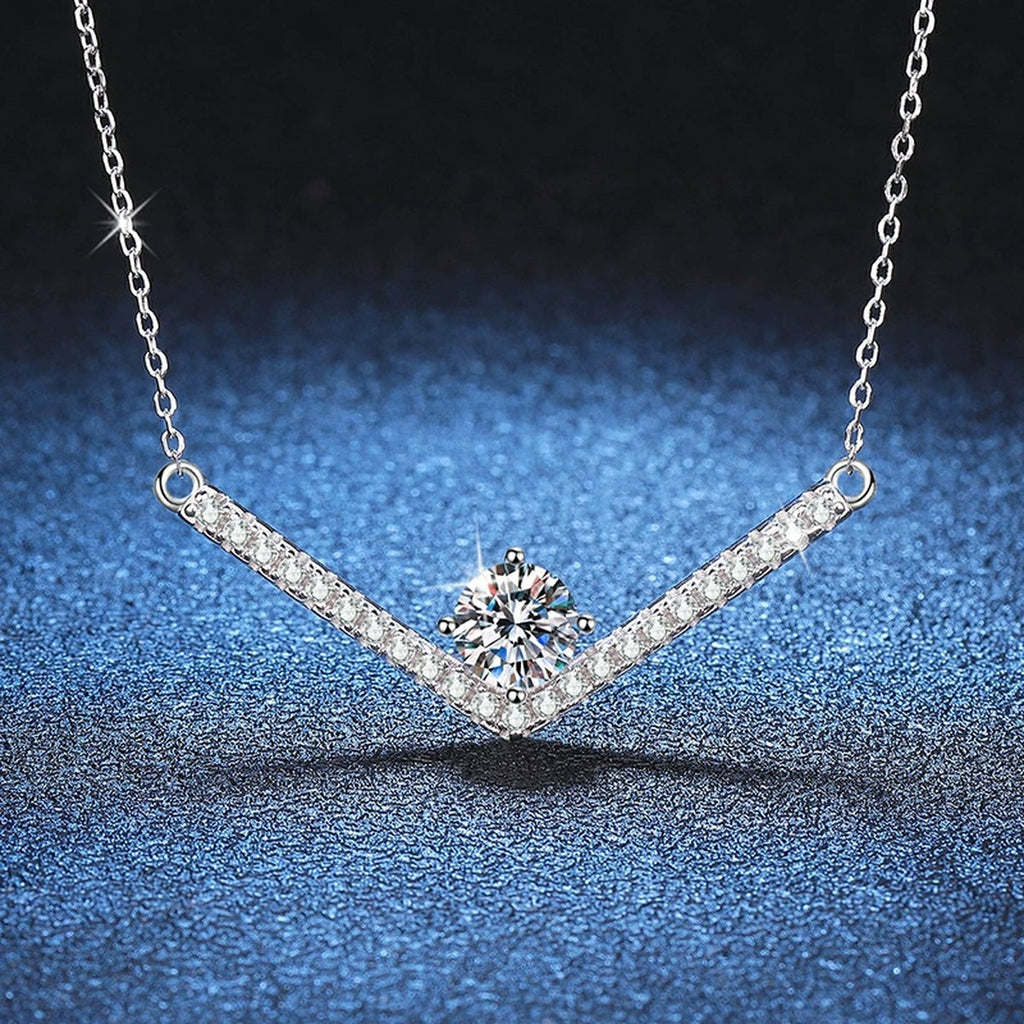 V-Bar Moissanite Necklace in Platinum-Plated S925 Sterling Silver blue background close-up view