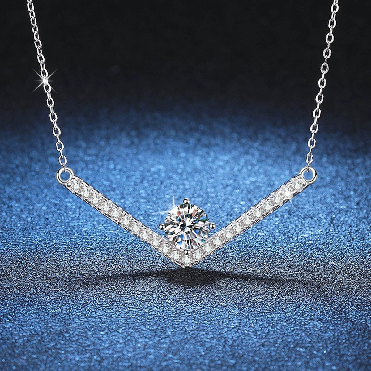 V-Bar Moissanite Necklace in Platinum-Plated S925 Sterling Silver blue background close-up view