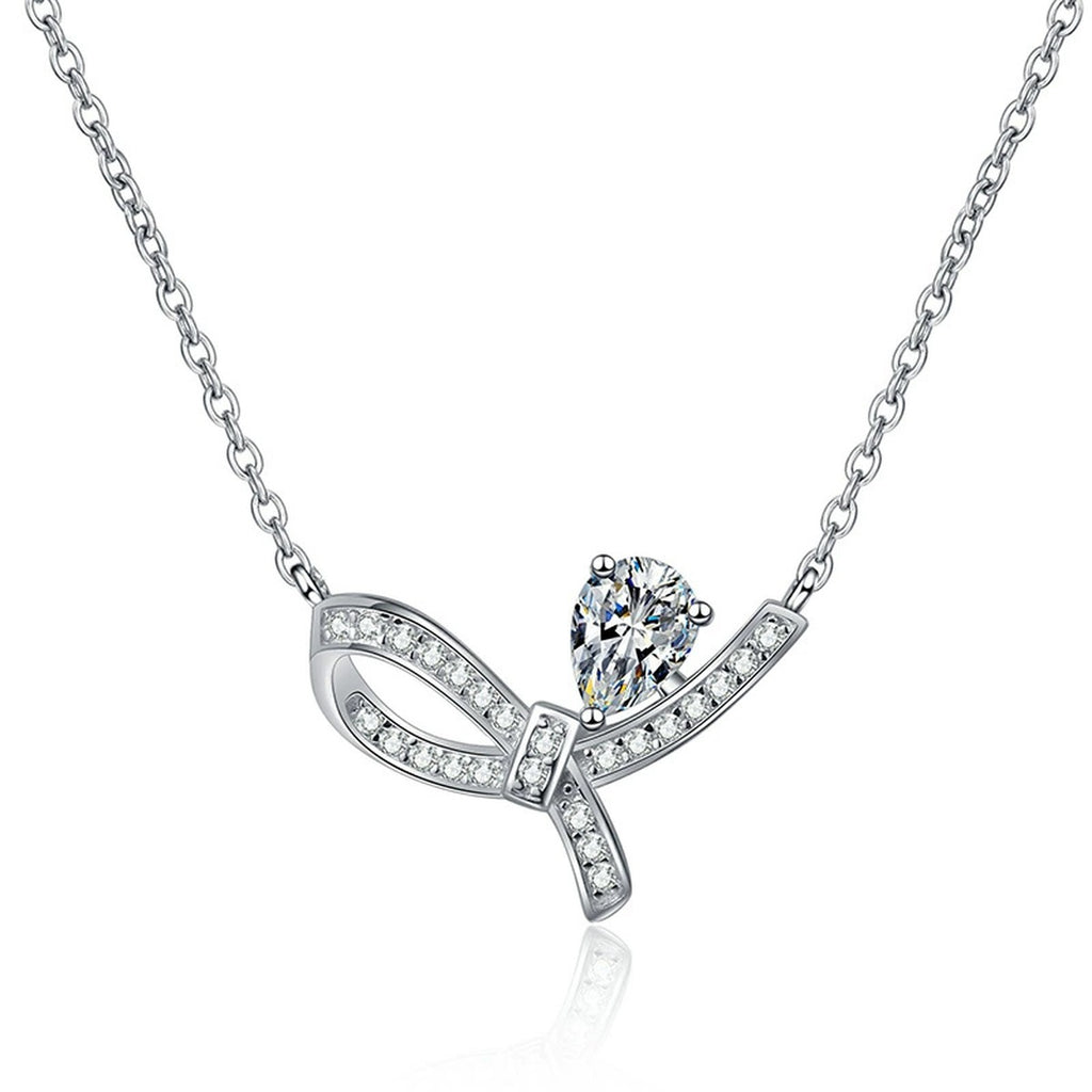 Pear-Cut Moissanite Ribbon Necklace in Platinum-Plated S925 Sterling Silver on clean white background