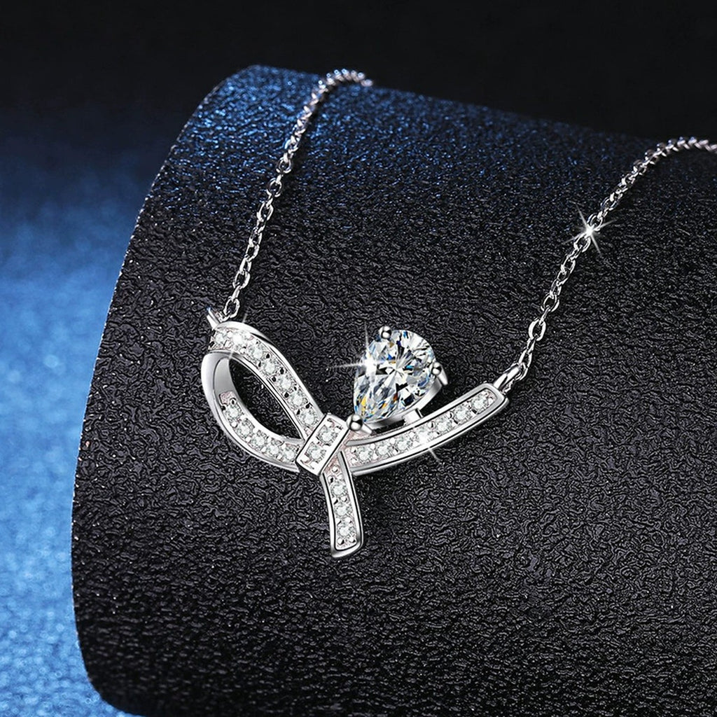 Pear-Cut Moissanite Ribbon Necklace in Platinum-Plated S925 Sterling Silver dark background product display view