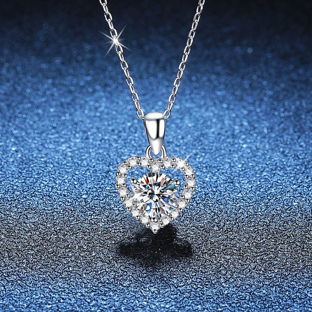 Heart Halo Moissanite Jewelry Style in Platinum-Plated S925 Sterling Silver blue background product view