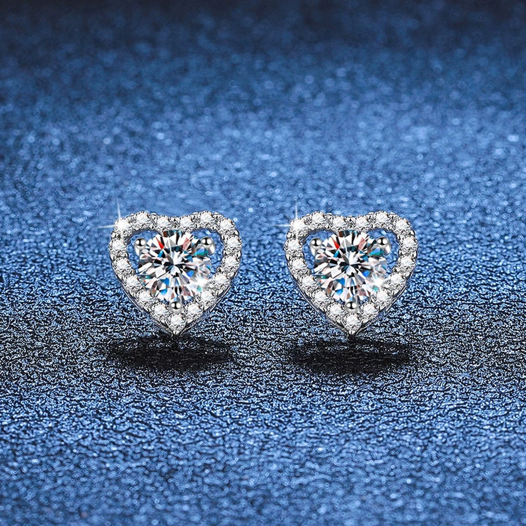 Heart Halo Moissanite Jewelry Style in Platinum-Plated S925 Sterling Silver blue background close-up view