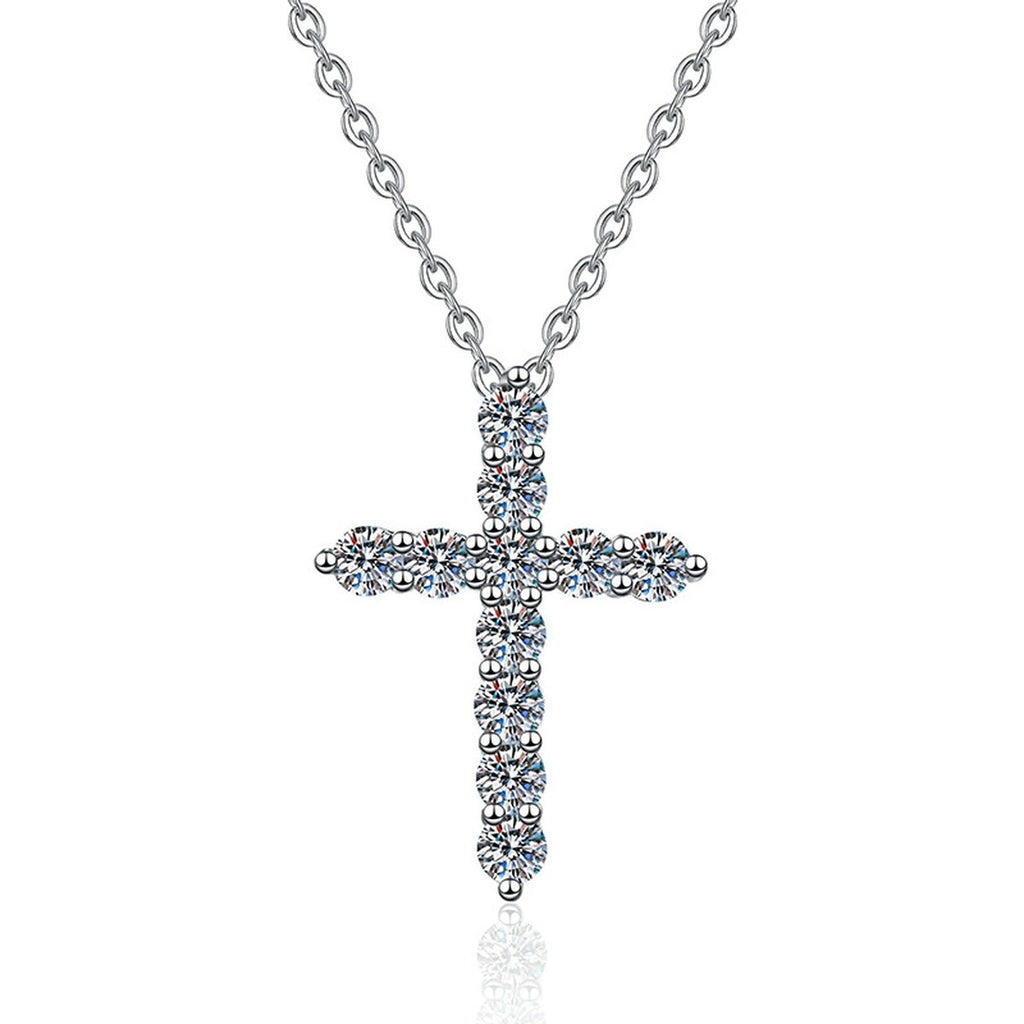 Cross Moissanite Pendant Necklace in White Gold-Plated S925 Sterling Silver on clean white background showing the cross pendant accented with a round moissanite focal stone