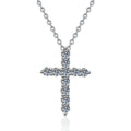 Cross Moissanite Pendant Necklace in White Gold-Plated S925 Sterling Silver on clean white background showing the cross pendant accented with a round moissanite focal stone