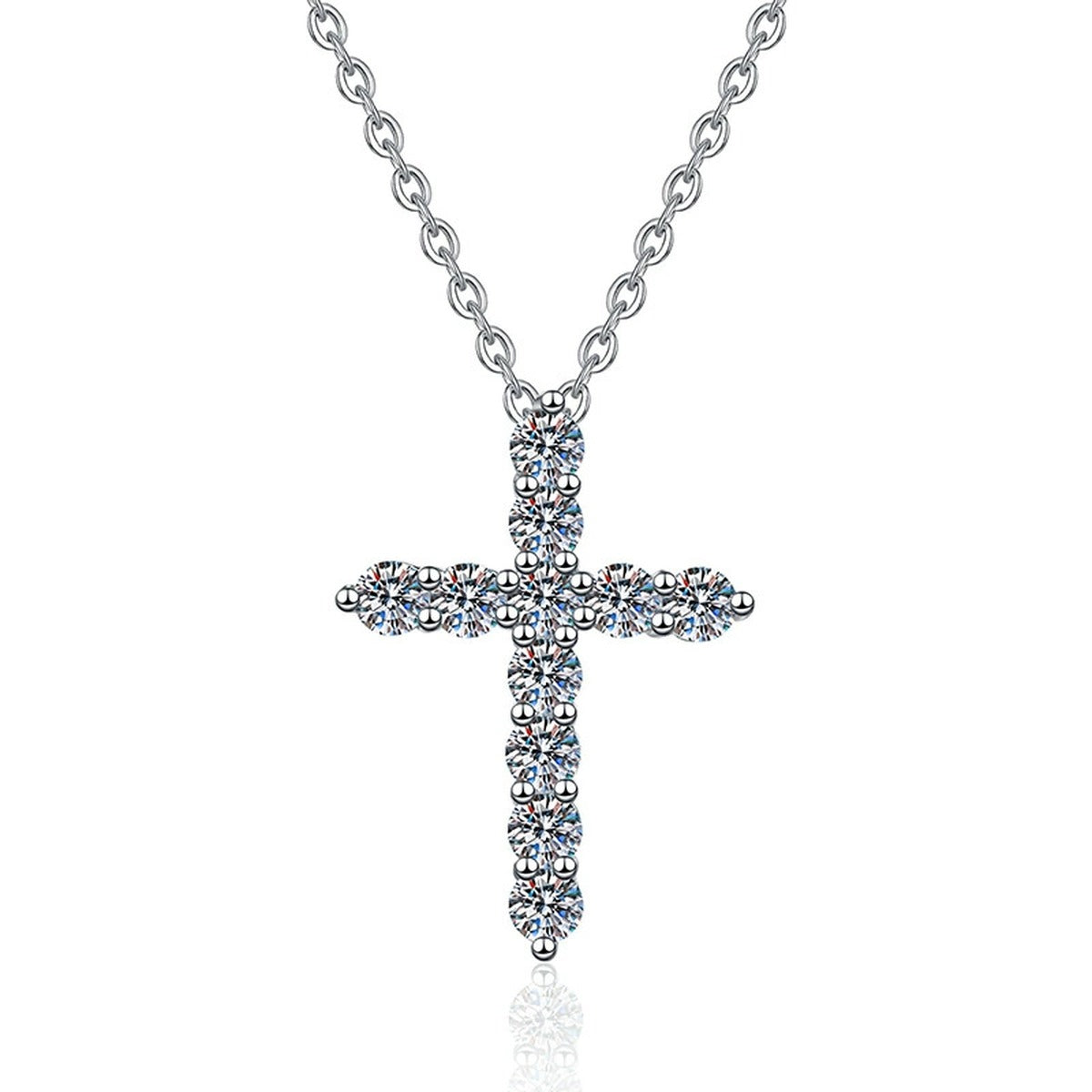 Cross Moissanite Pendant Necklace in White Gold-Plated S925 Sterling Silver on clean white background showing the cross pendant accented with a round moissanite focal stone