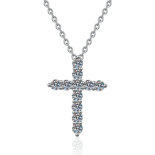 Cross Moissanite Pendant Necklace in White Gold-Plated S925 Sterling Silver on clean white background showing the cross pendant accented with a round moissanite focal stone