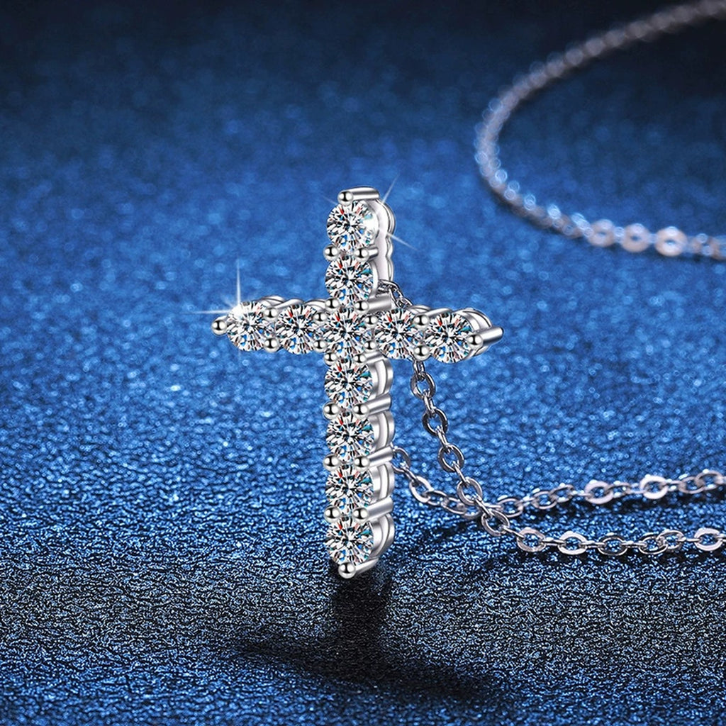 Cross Moissanite Pendant Necklace in White Gold-Plated S925 Sterling Silver blue background product view