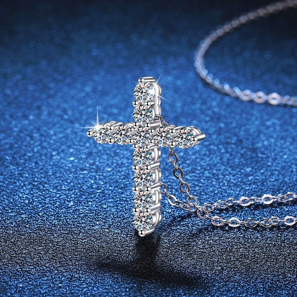 Cross Moissanite Pendant Necklace in White Gold-Plated S925 Sterling Silver blue background product view