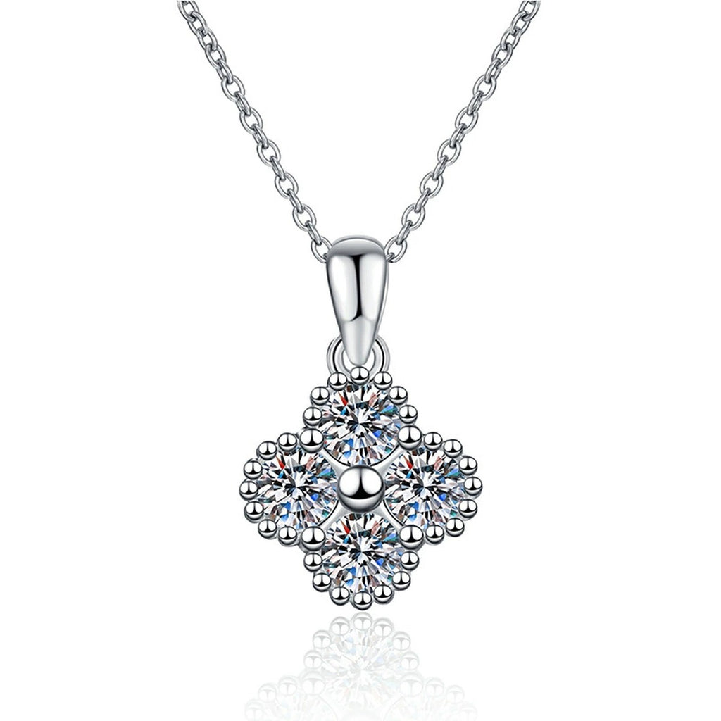 Four-Stone Cluster Moissanite Pendant Necklace in Platinum-Plated S925 Sterling Silver on clean white background