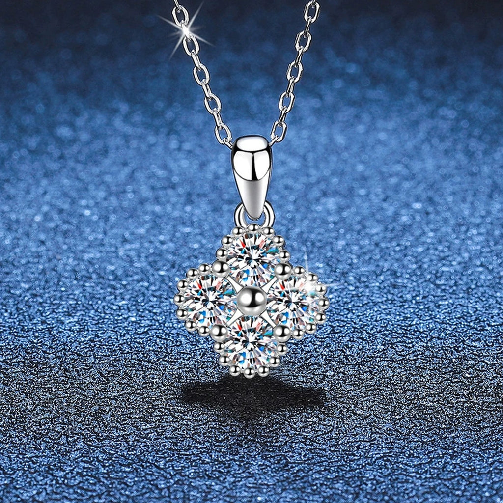 Four-Stone Cluster Moissanite Pendant Necklace in Platinum-Plated S925 Sterling Silver blue background product view