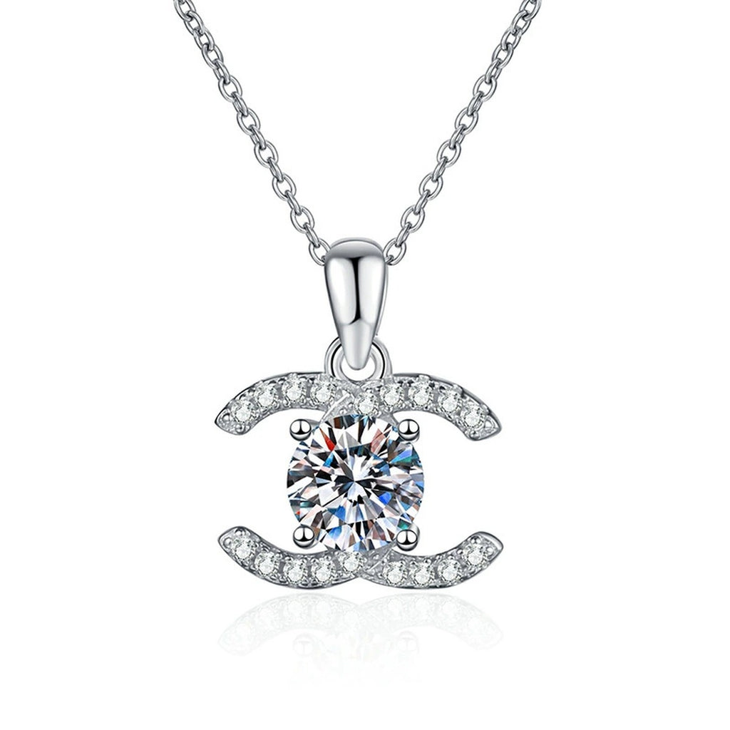 Crescent Halo Moissanite Pendant Necklace in White Gold-Plated and Yellow Gold-Plated S925 Sterling Silver on clean white background