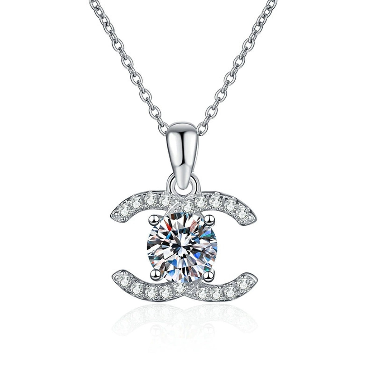 Crescent Halo Moissanite Pendant Necklace in White Gold-Plated and Yellow Gold-Plated S925 Sterling Silver on clean white background