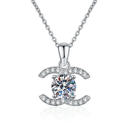 Crescent Halo Moissanite Pendant Necklace in White Gold-Plated and Yellow Gold-Plated S925 Sterling Silver on clean white background