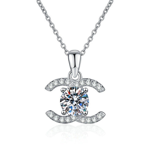 Crescent Halo Moissanite Pendant Necklace in White Gold-Plated and Yellow Gold-Plated S925 Sterling Silver on clean white background