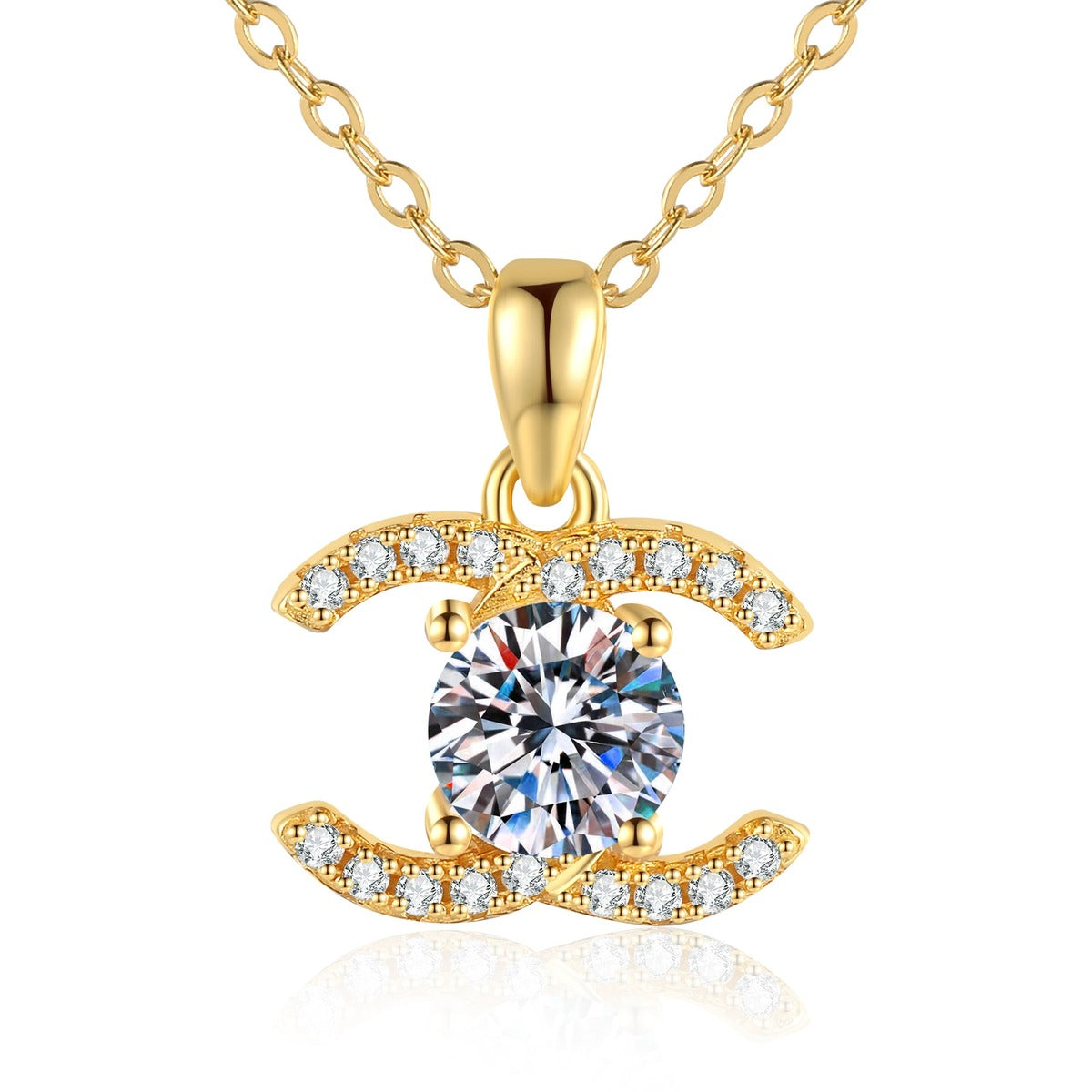 Crescent Halo Moissanite Pendant Necklace in White Gold-Plated and Yellow Gold-Plated S925 Sterling Silver on clean white background