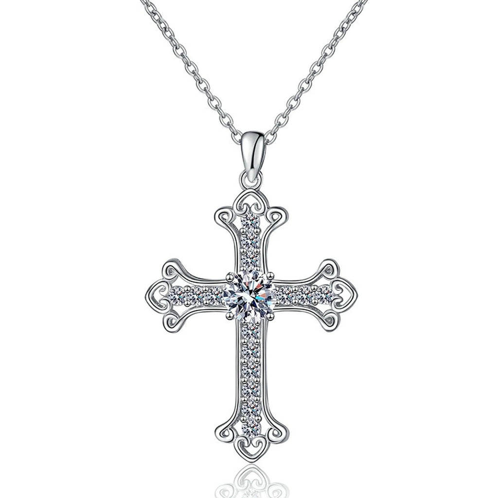 Cross Moissanite Pendant Necklace in Platinum-Plated S925 Sterling Silver on clean white background