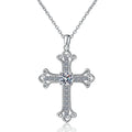 Cross Moissanite Pendant Necklace in Platinum-Plated S925 Sterling Silver on clean white background