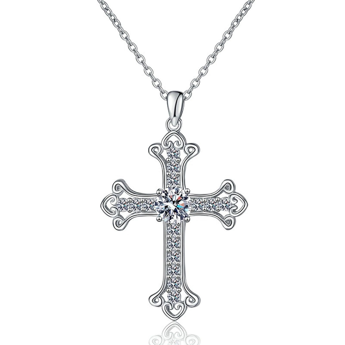 Cross Moissanite Pendant Necklace in Platinum-Plated S925 Sterling Silver on clean white background