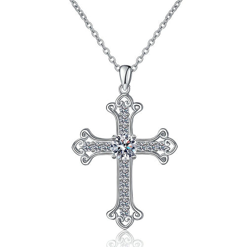 Cross Moissanite Pendant Necklace in Platinum-Plated S925 Sterling Silver on clean white background